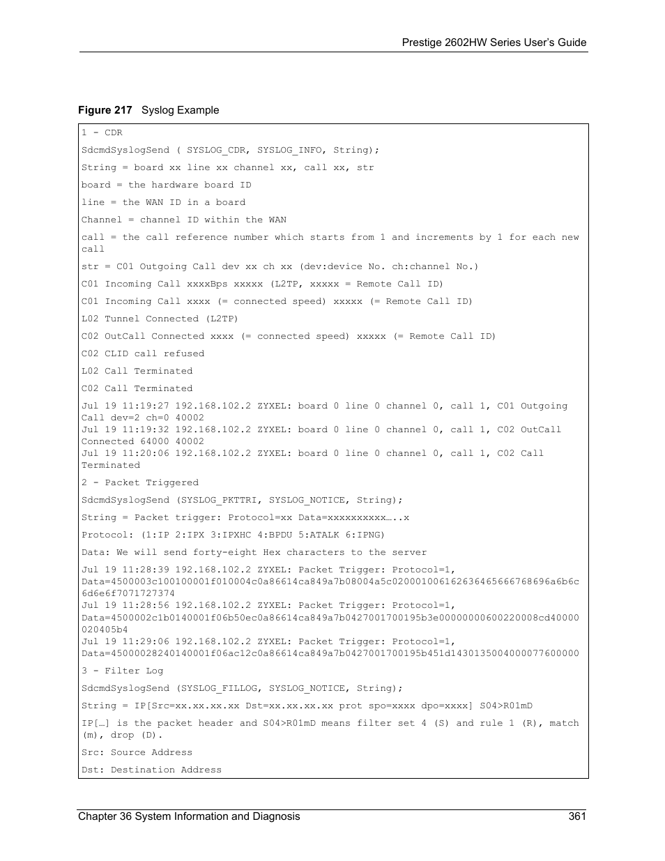 Figure 217 syslog example | ZyXEL Communications ADSL VoIP IAD with 802.11g Wireless 2602HW Series User Manual | Page 361 / 519