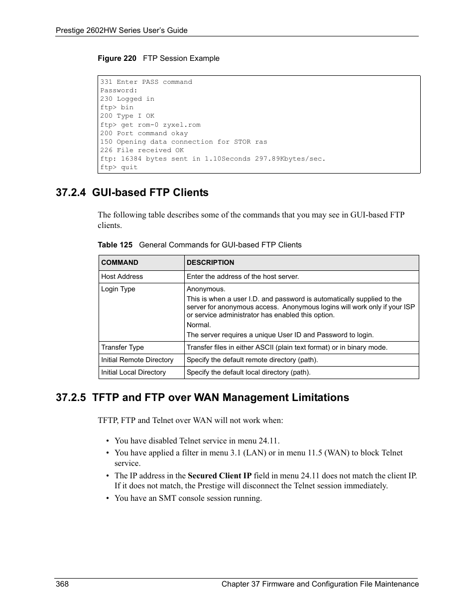 4 gui-based ftp clients, 5 tftp and ftp over wan management limitations, Figure 220 ftp session example | ZyXEL Communications ADSL VoIP IAD with 802.11g Wireless 2602HW Series User Manual | Page 368 / 519