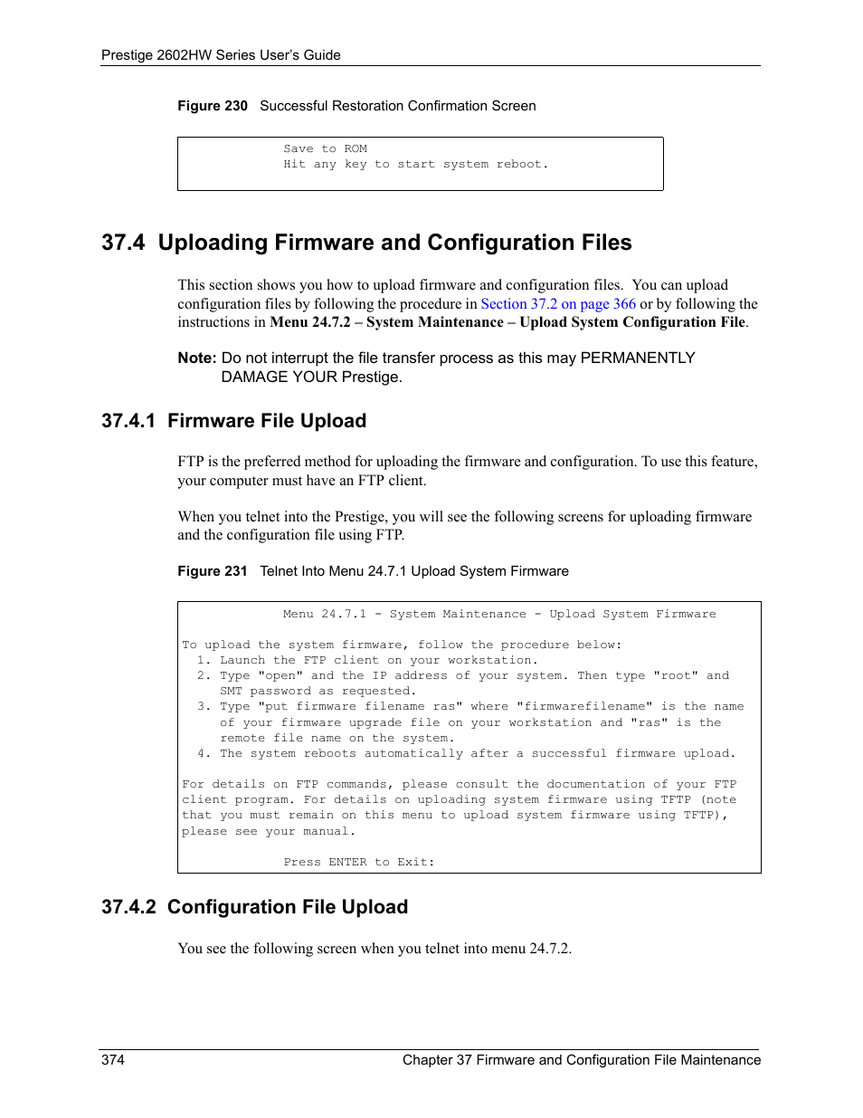 4 uploading firmware and configuration files, 1 firmware file upload, 2 configuration file upload | ZyXEL Communications ADSL VoIP IAD with 802.11g Wireless 2602HW Series User Manual | Page 374 / 519