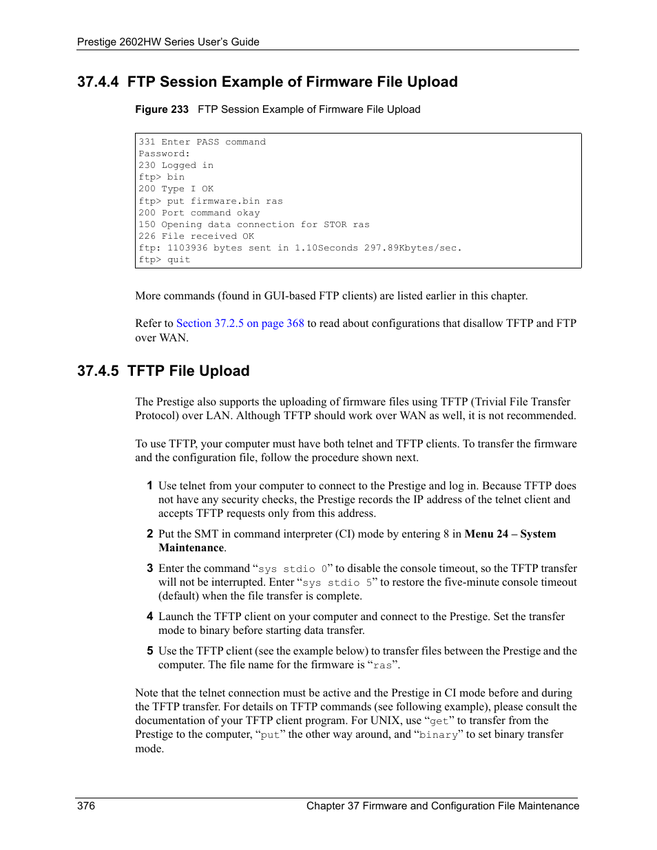 4 ftp session example of firmware file upload, 5 tftp file upload | ZyXEL Communications ADSL VoIP IAD with 802.11g Wireless 2602HW Series User Manual | Page 376 / 519