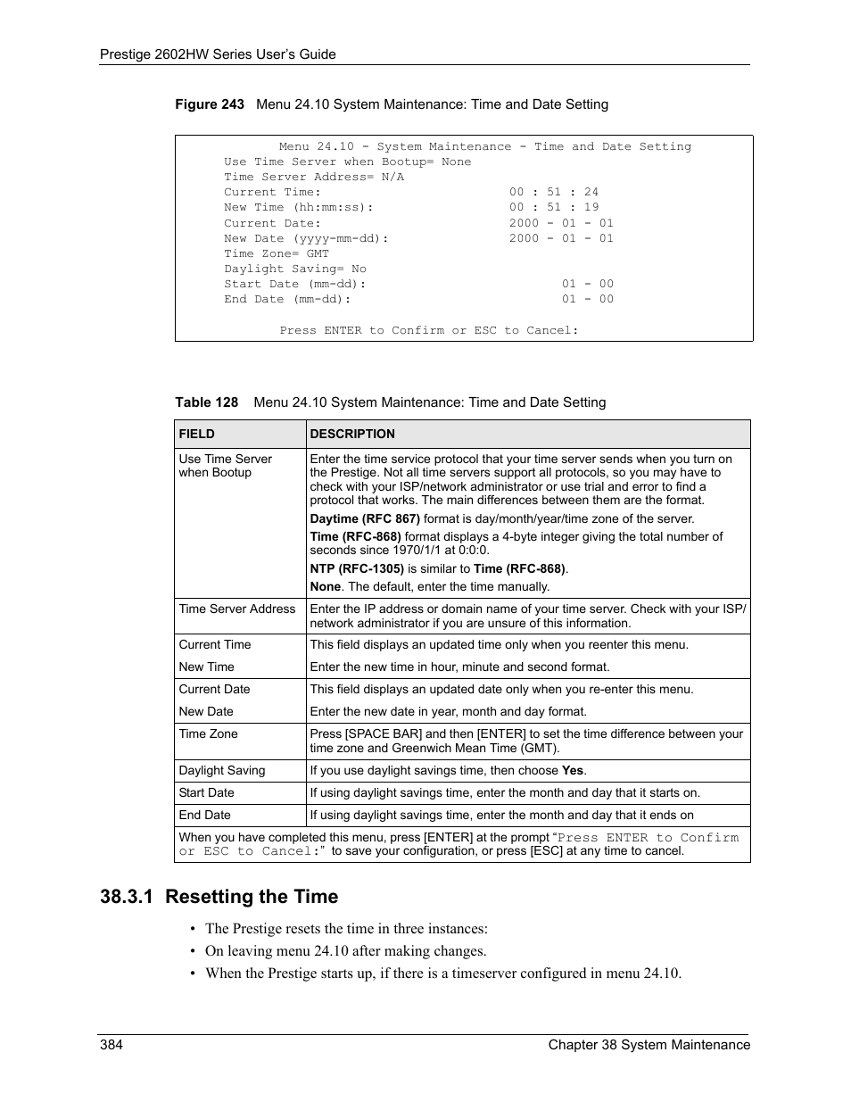1 resetting the time | ZyXEL Communications ADSL VoIP IAD with 802.11g Wireless 2602HW Series User Manual | Page 384 / 519