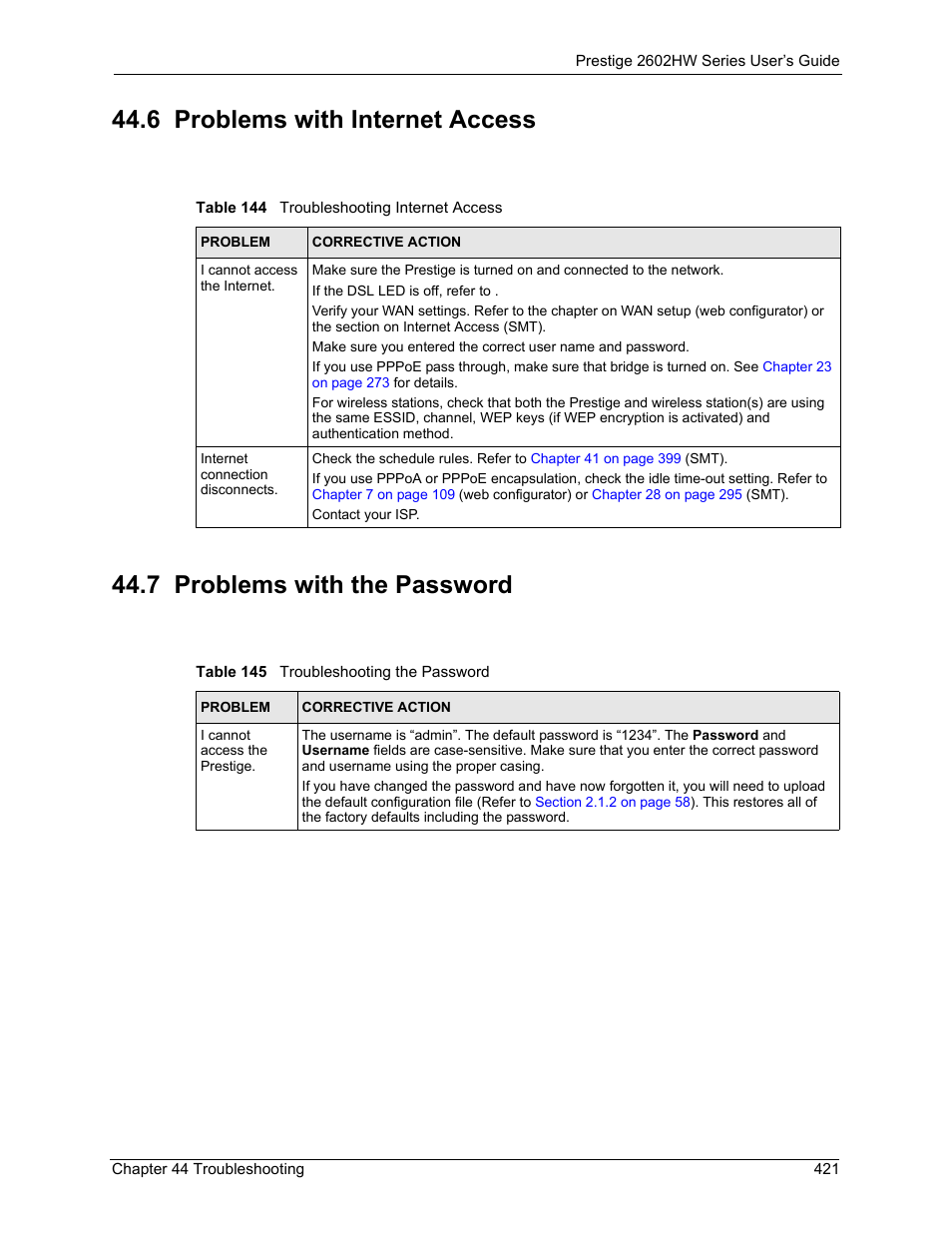 6 problems with internet access, 7 problems with the password | ZyXEL Communications ADSL VoIP IAD with 802.11g Wireless 2602HW Series User Manual | Page 421 / 519