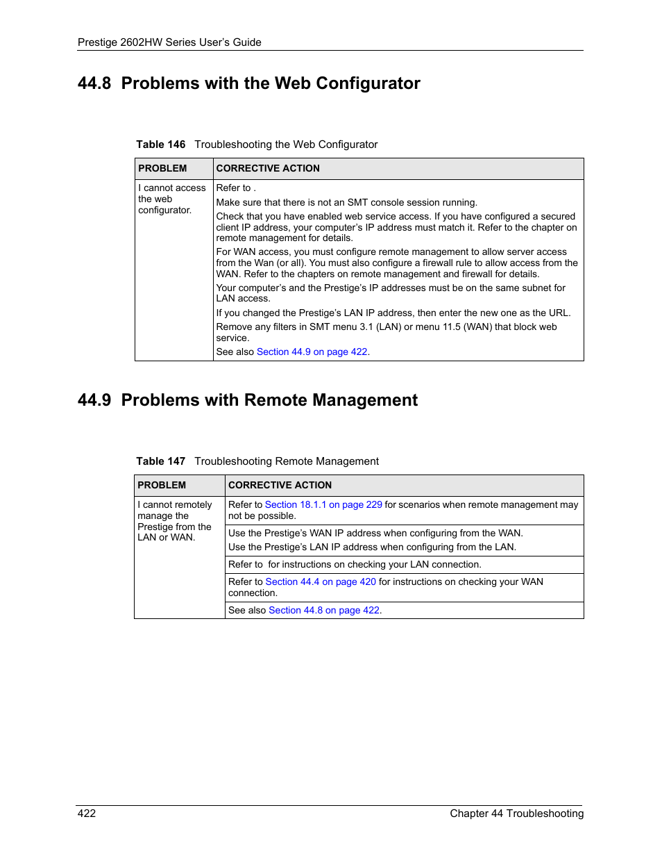 8 problems with the web configurator, 9 problems with remote management | ZyXEL Communications ADSL VoIP IAD with 802.11g Wireless 2602HW Series User Manual | Page 422 / 519