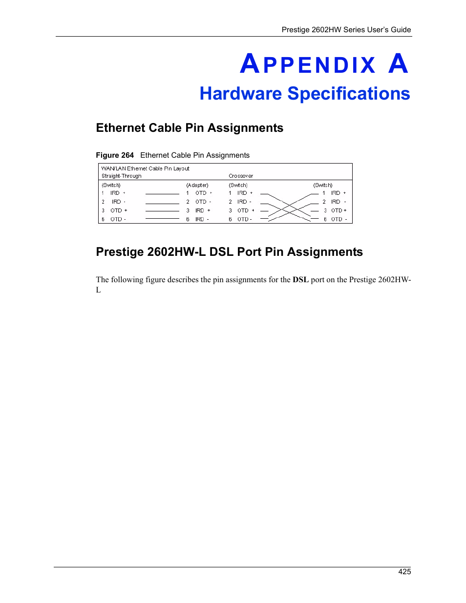 Hardware specifications, Appendix a hardware specifications, Figure 264 ethernet cable pin assignments | ZyXEL Communications ADSL VoIP IAD with 802.11g Wireless 2602HW Series User Manual | Page 425 / 519