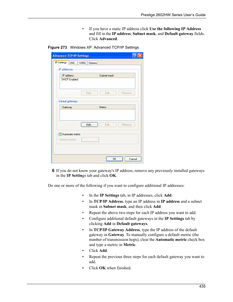 Figure 273 windows xp: advanced tcp/ip settings | ZyXEL Communications ADSL VoIP IAD with 802.11g Wireless 2602HW Series User Manual | Page 435 / 519