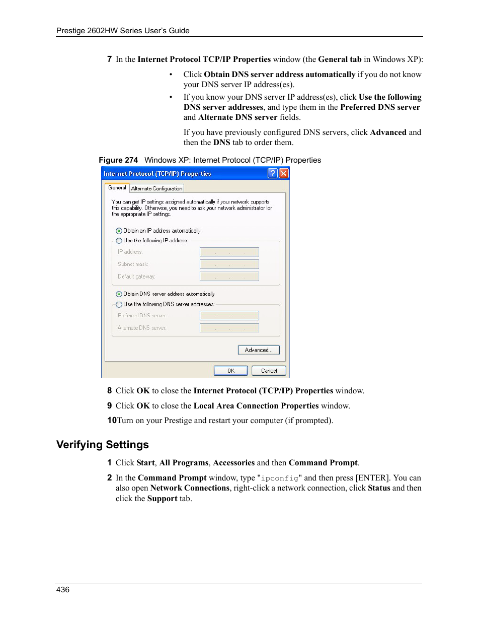 Verifying settings | ZyXEL Communications ADSL VoIP IAD with 802.11g Wireless 2602HW Series User Manual | Page 436 / 519