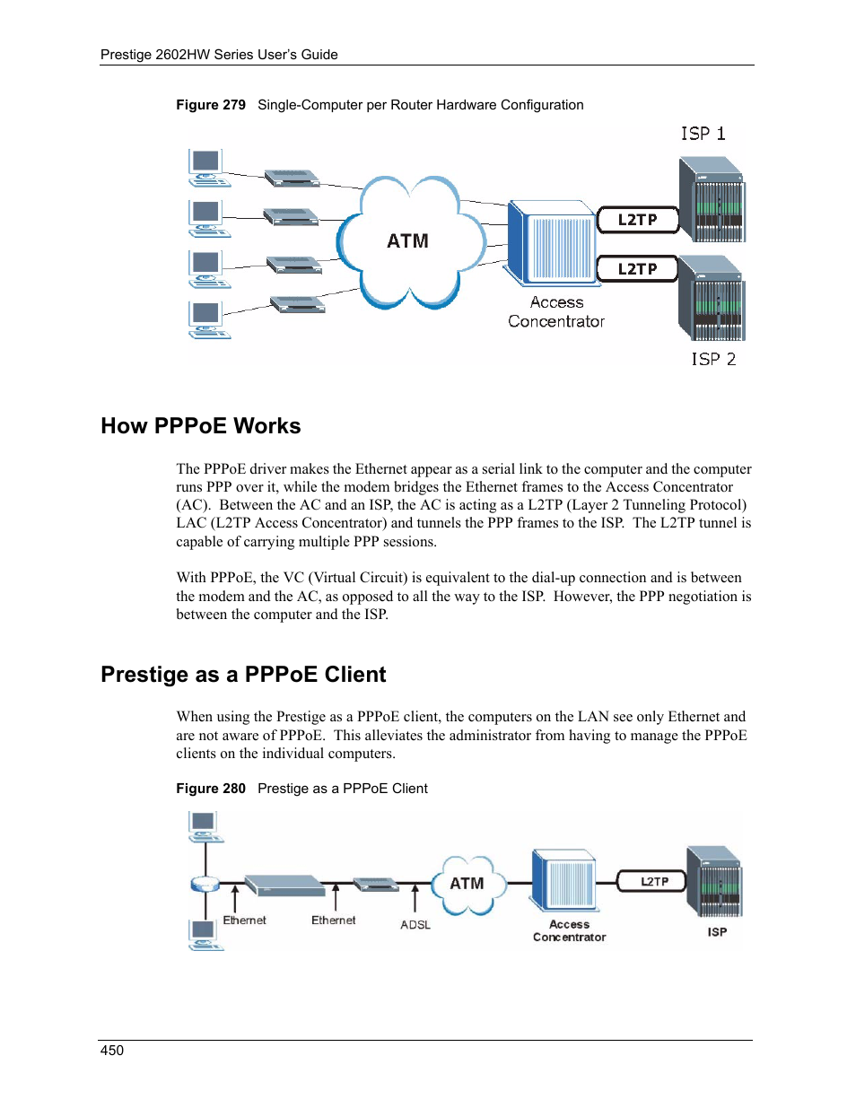 How pppoe works prestige as a pppoe client, How pppoe works, Prestige as a pppoe client | ZyXEL Communications ADSL VoIP IAD with 802.11g Wireless 2602HW Series User Manual | Page 450 / 519
