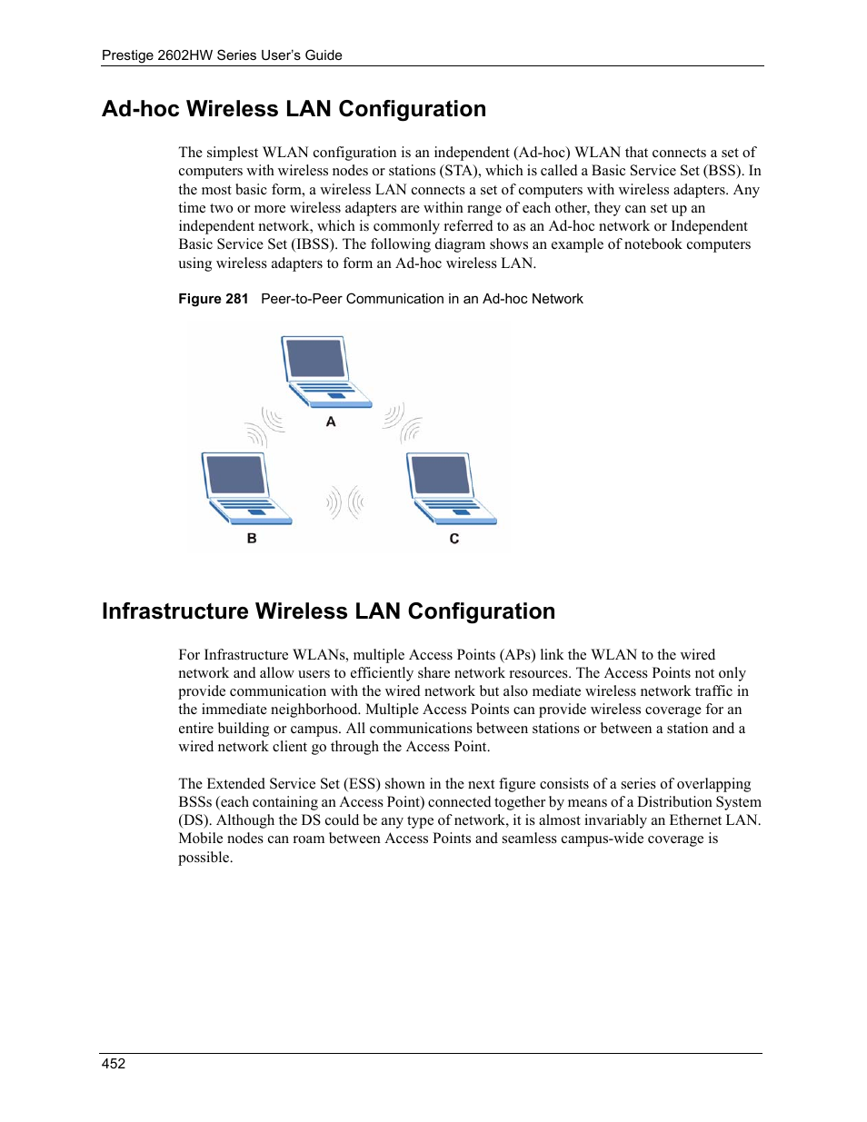 Ad-hoc wireless lan configuration, Infrastructure wireless lan configuration | ZyXEL Communications ADSL VoIP IAD with 802.11g Wireless 2602HW Series User Manual | Page 452 / 519