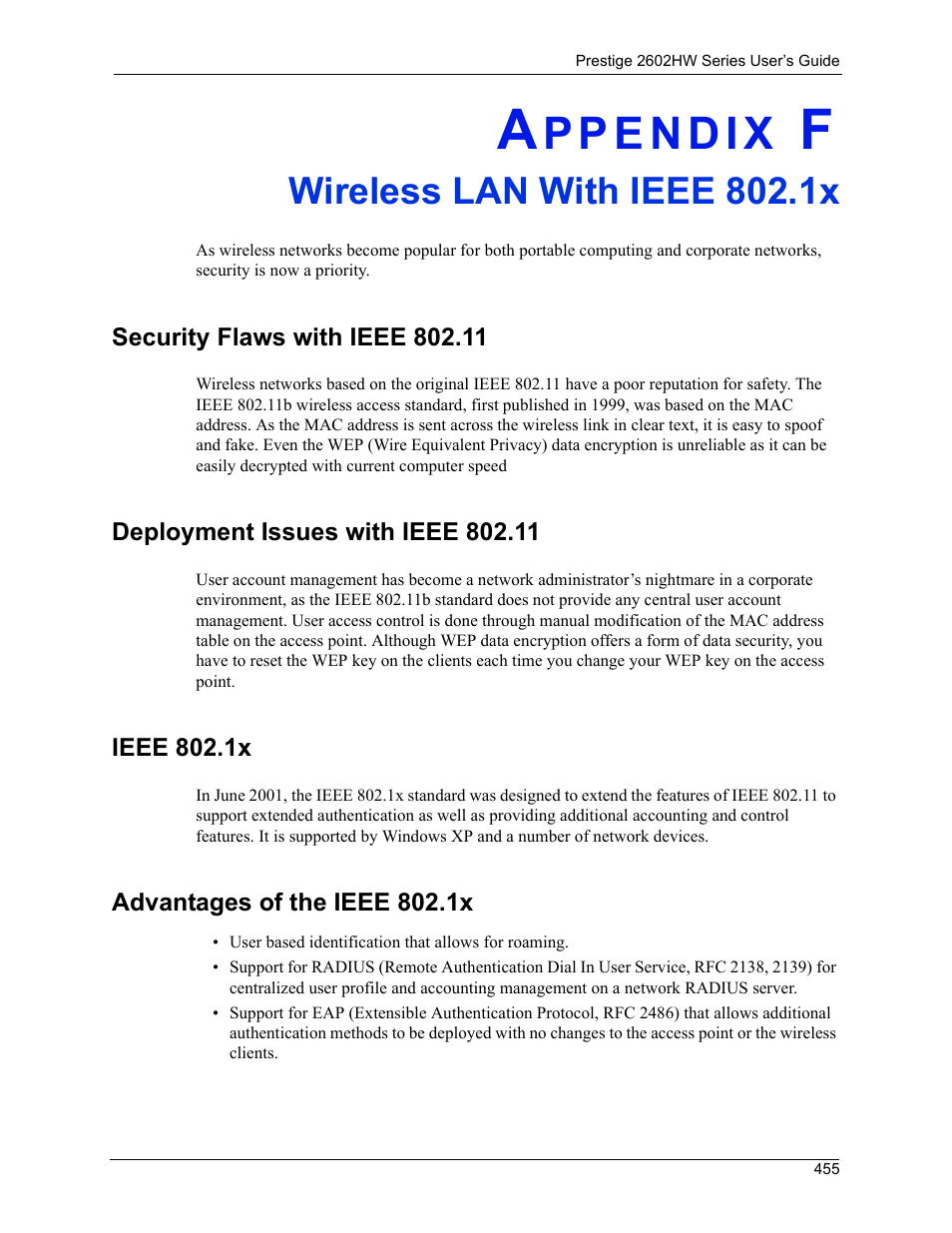 Wireless lan with ieee 802.1x, Appendix f wireless lan with ieee 802.1x | ZyXEL Communications ADSL VoIP IAD with 802.11g Wireless 2602HW Series User Manual | Page 455 / 519