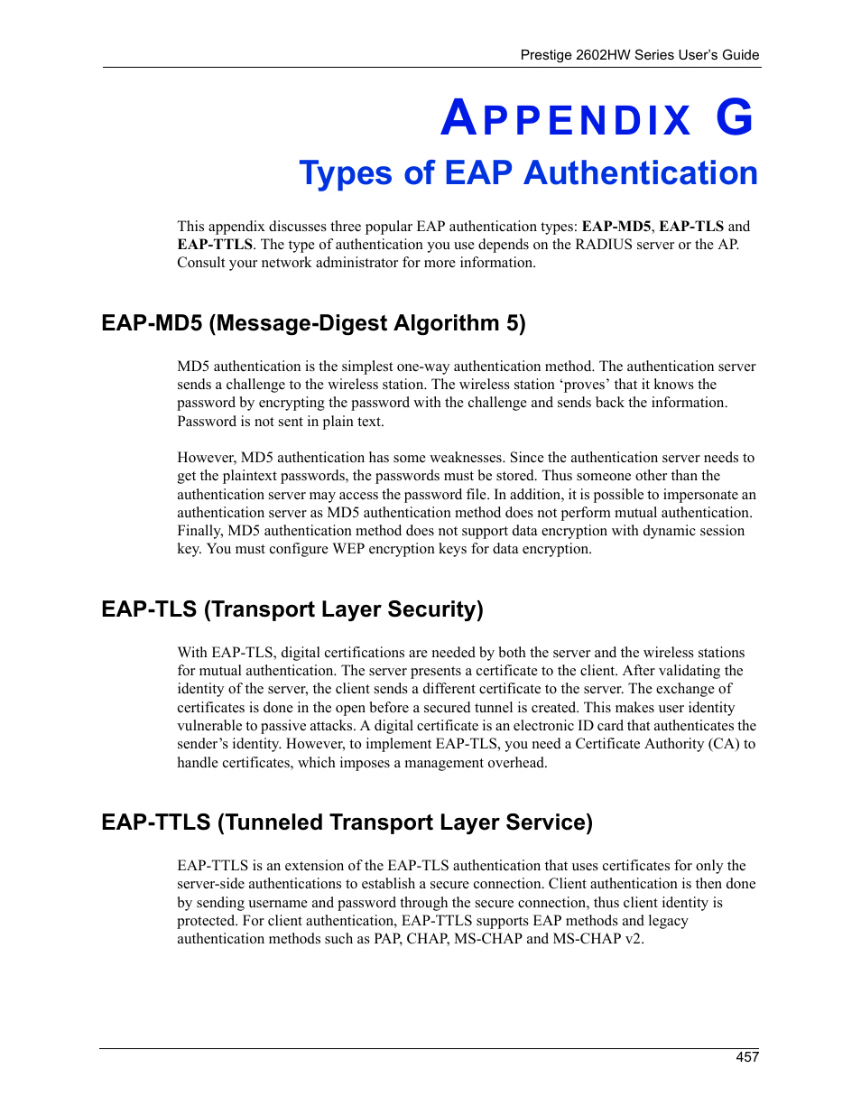 Types of eap authentication, Appendix g types of eap authentication | ZyXEL Communications ADSL VoIP IAD with 802.11g Wireless 2602HW Series User Manual | Page 457 / 519