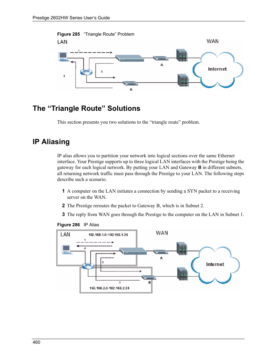 The “triangle route” solutions ip aliasing, The “triangle route” solutions, Ip aliasing | ZyXEL Communications ADSL VoIP IAD with 802.11g Wireless 2602HW Series User Manual | Page 460 / 519