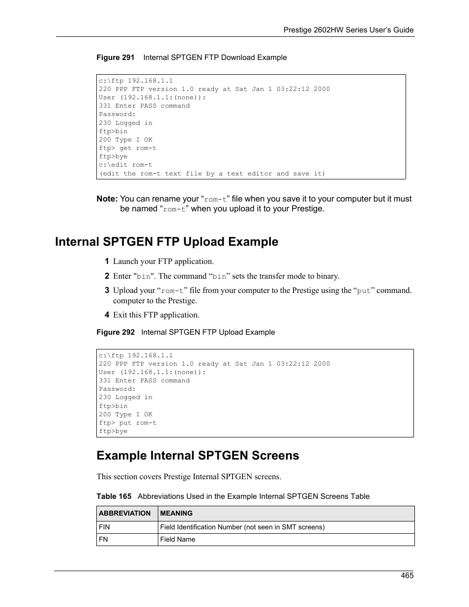 Internal sptgen ftp upload example, Example internal sptgen screens | ZyXEL Communications ADSL VoIP IAD with 802.11g Wireless 2602HW Series User Manual | Page 465 / 519