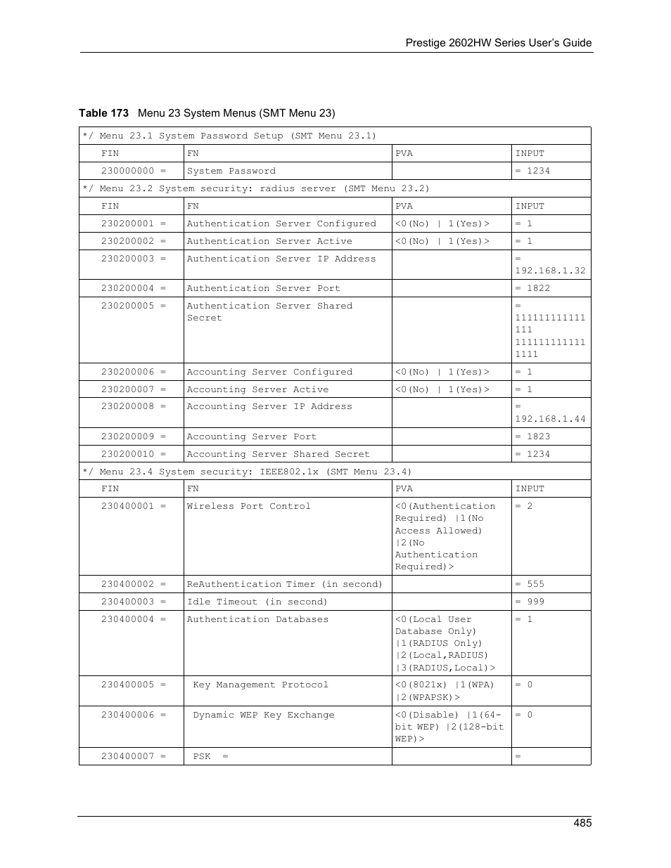 Table 173 menu 23 system menus (smt menu 23) | ZyXEL Communications ADSL VoIP IAD with 802.11g Wireless 2602HW Series User Manual | Page 485 / 519