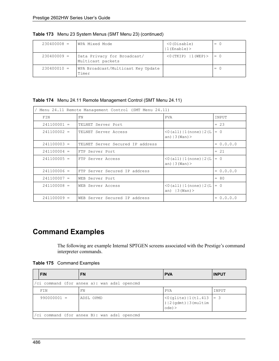 Command examples | ZyXEL Communications ADSL VoIP IAD with 802.11g Wireless 2602HW Series User Manual | Page 486 / 519