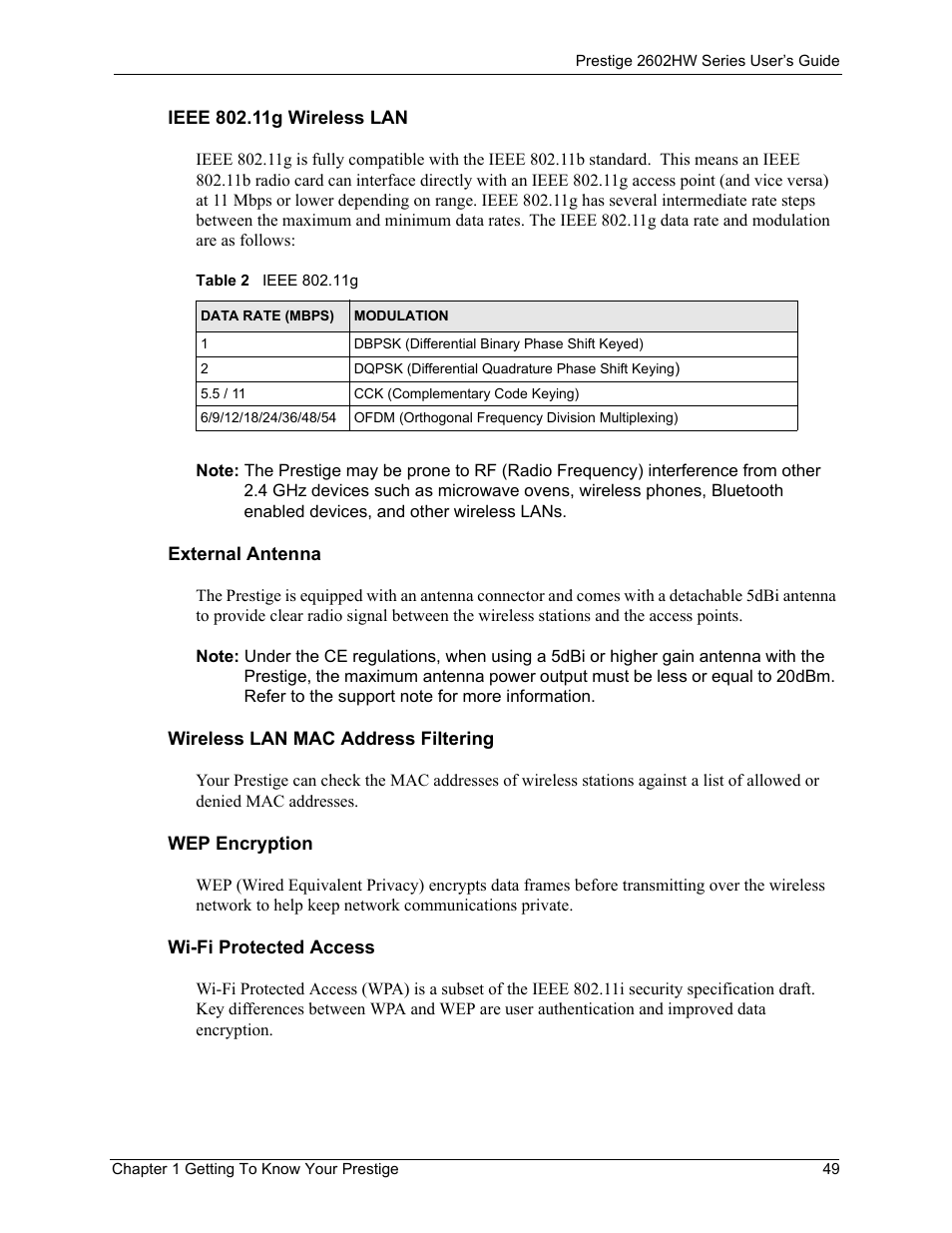 Table 2 ieee 802.11g | ZyXEL Communications ADSL VoIP IAD with 802.11g Wireless 2602HW Series User Manual | Page 49 / 519