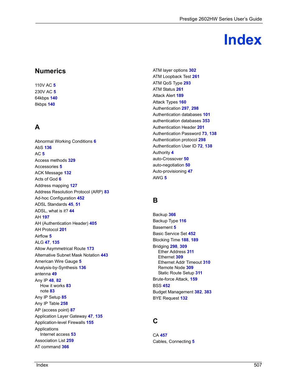 Index, Numerics | ZyXEL Communications ADSL VoIP IAD with 802.11g Wireless 2602HW Series User Manual | Page 507 / 519