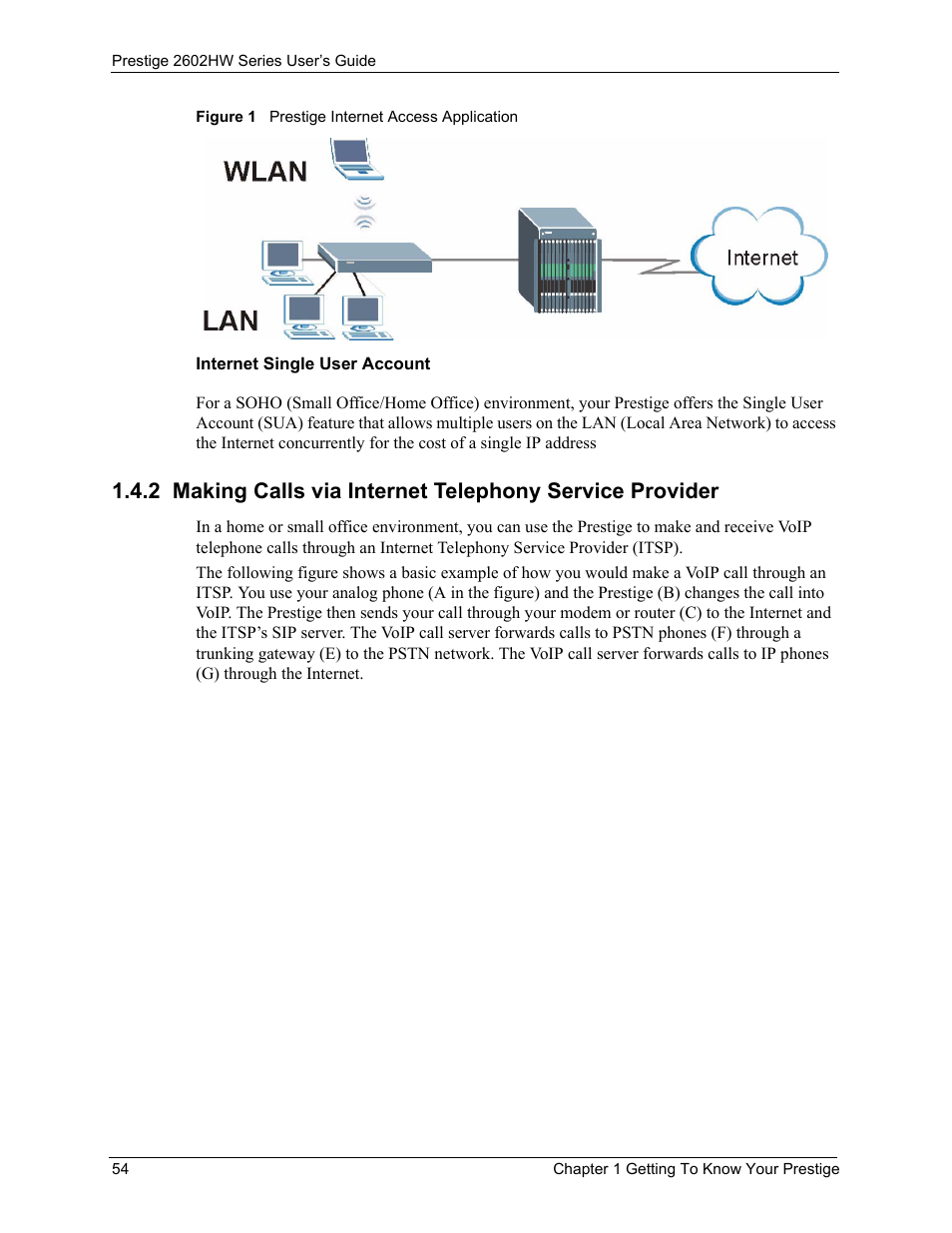 Figure 1 prestige internet access application | ZyXEL Communications ADSL VoIP IAD with 802.11g Wireless 2602HW Series User Manual | Page 54 / 519