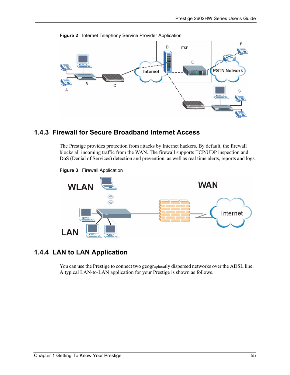 3 firewall for secure broadband internet access, 4 lan to lan application | ZyXEL Communications ADSL VoIP IAD with 802.11g Wireless 2602HW Series User Manual | Page 55 / 519