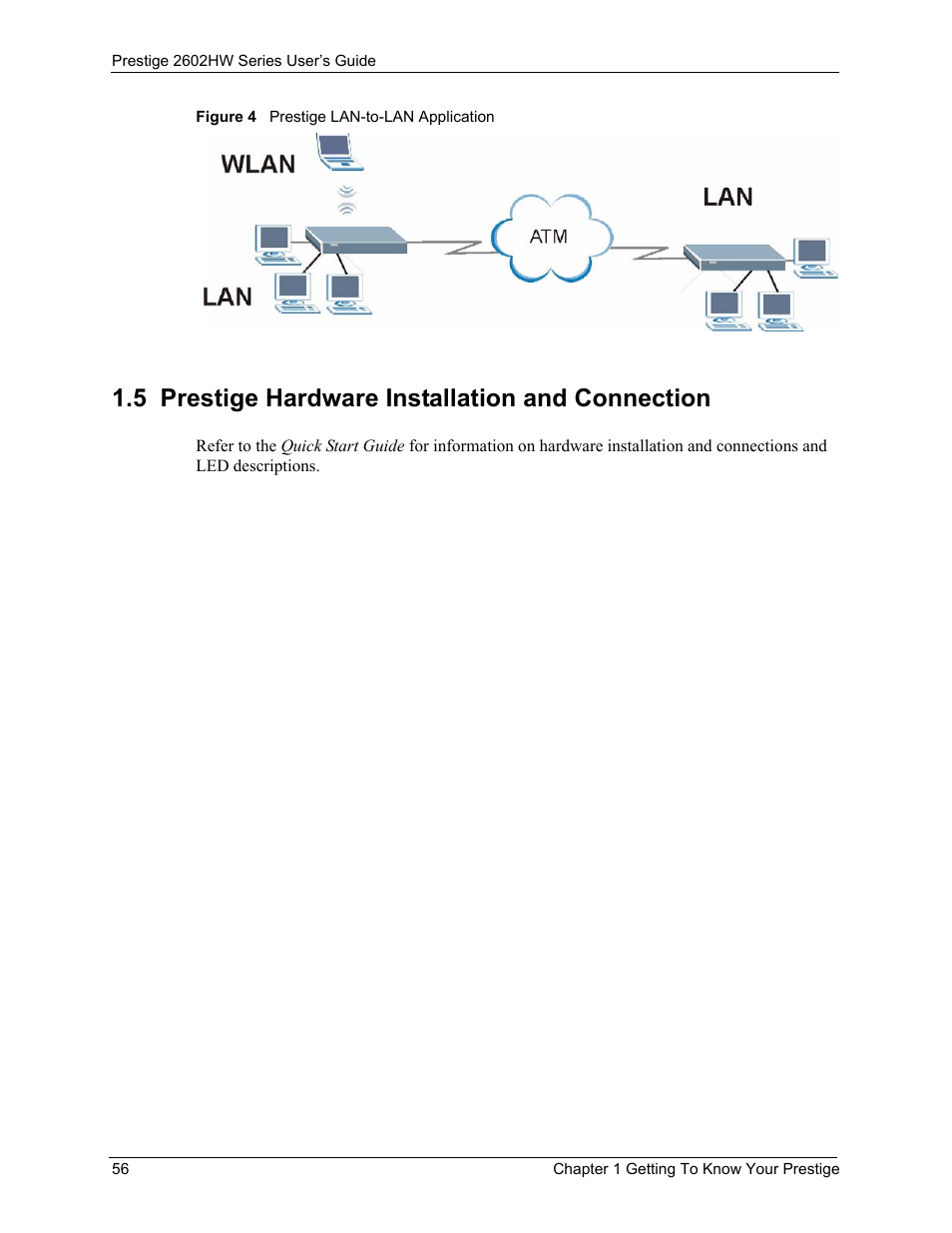 5 prestige hardware installation and connection, Figure 4 prestige lan-to-lan application | ZyXEL Communications ADSL VoIP IAD with 802.11g Wireless 2602HW Series User Manual | Page 56 / 519