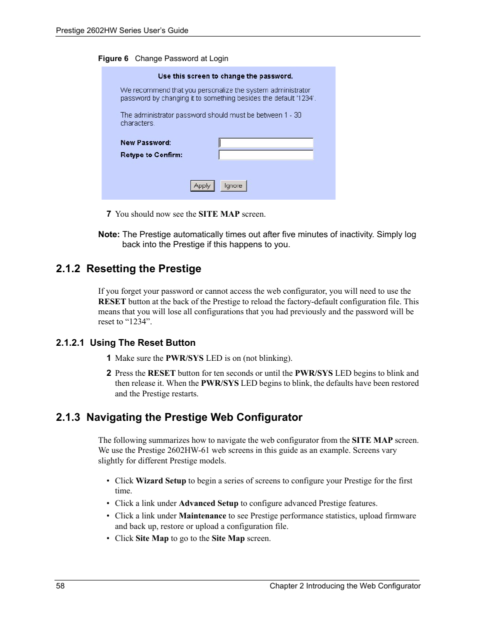 2 resetting the prestige, 1 using the reset button, 3 navigating the prestige web configurator | Figure 6 change password at login | ZyXEL Communications ADSL VoIP IAD with 802.11g Wireless 2602HW Series User Manual | Page 58 / 519