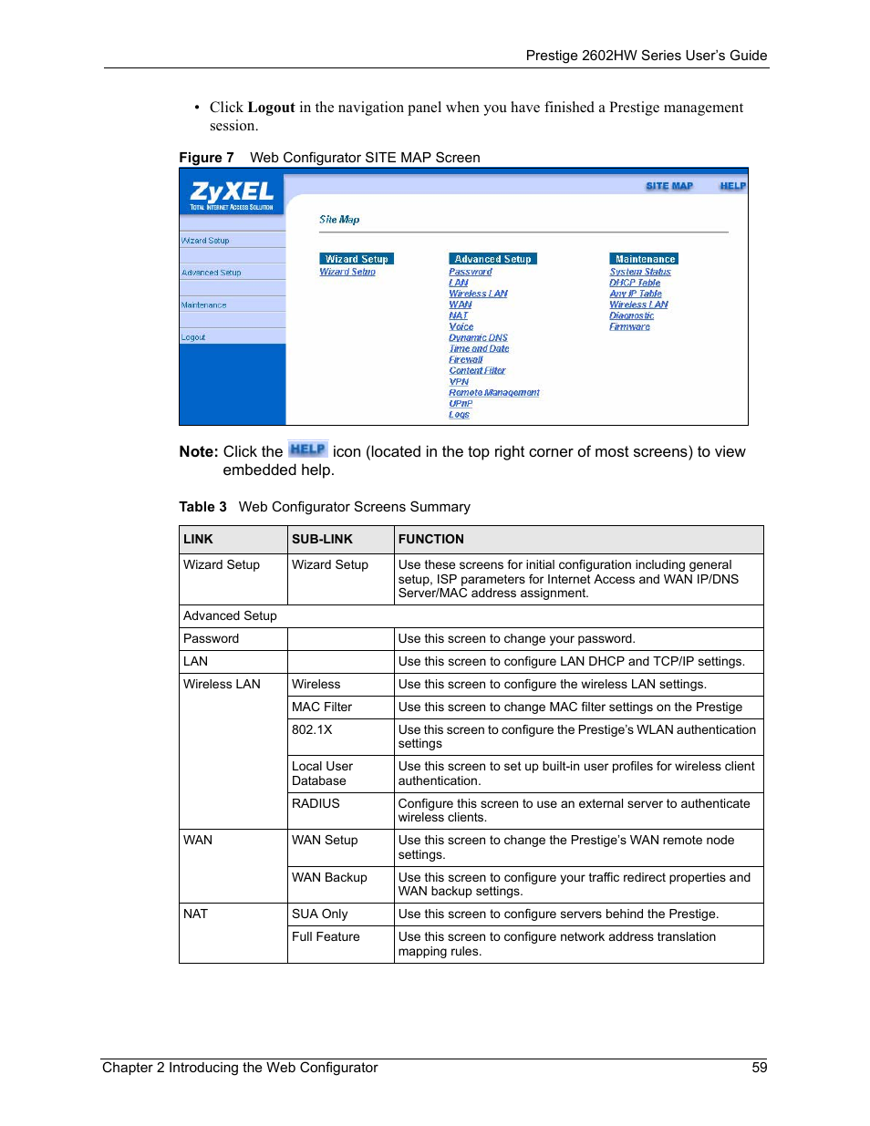 Figure 7 web configurator site map screen, Table 3 web configurator screens summary | ZyXEL Communications ADSL VoIP IAD with 802.11g Wireless 2602HW Series User Manual | Page 59 / 519