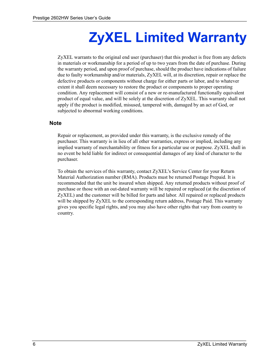 Zyxel limited warranty | ZyXEL Communications ADSL VoIP IAD with 802.11g Wireless 2602HW Series User Manual | Page 6 / 519