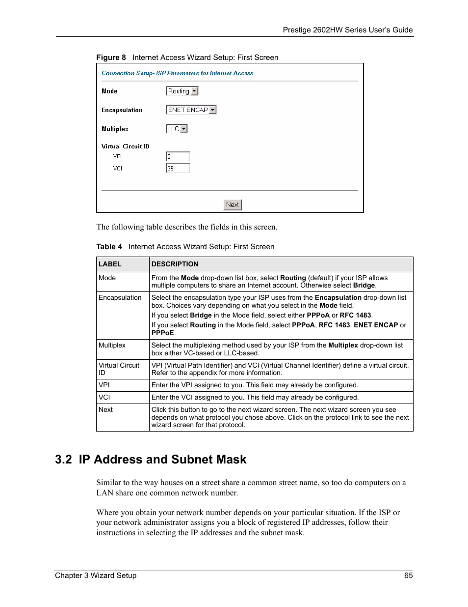 2 ip address and subnet mask, Table 4 internet access wizard setup: first screen | ZyXEL Communications ADSL VoIP IAD with 802.11g Wireless 2602HW Series User Manual | Page 65 / 519