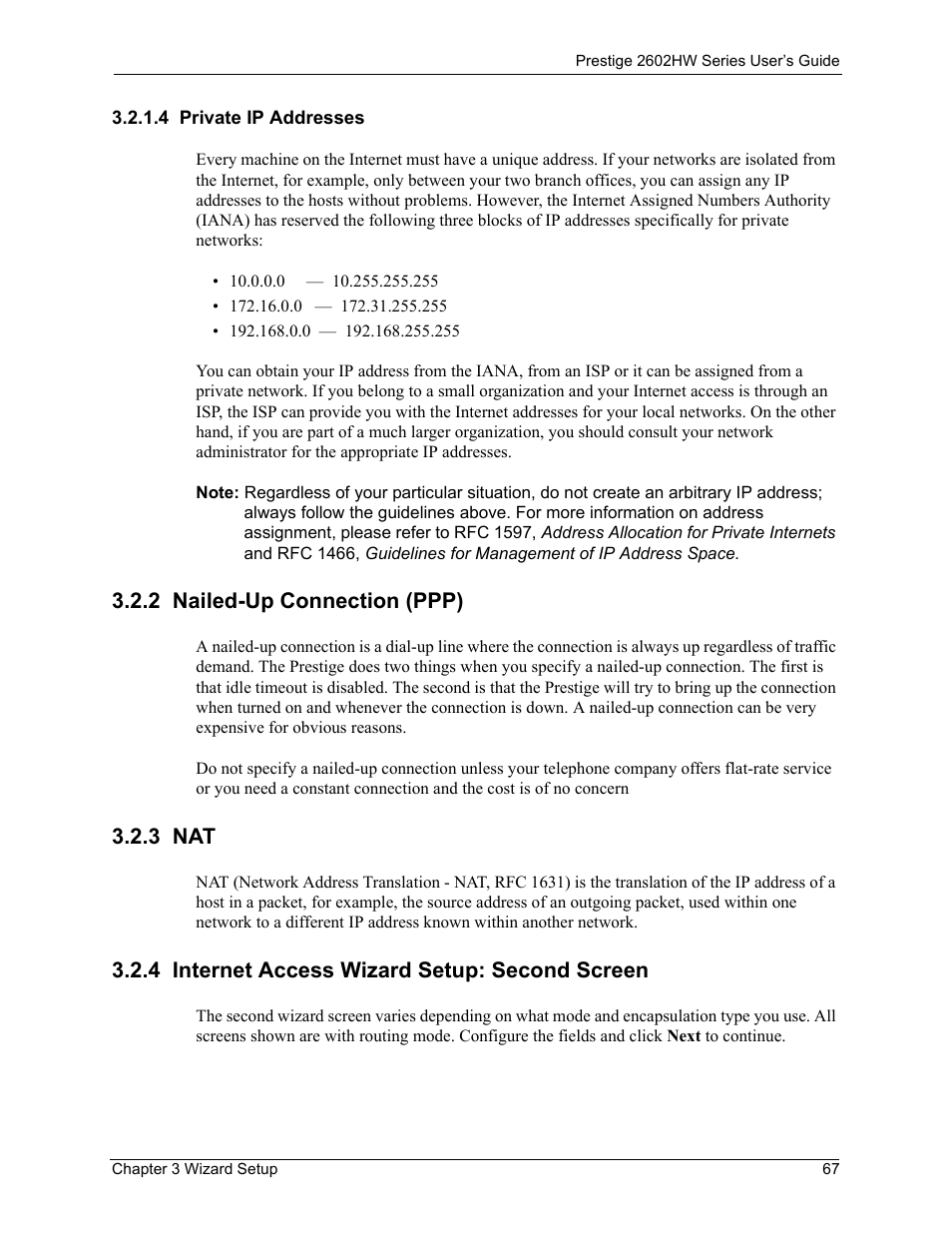 4 private ip addresses, 2 nailed-up connection (ppp), 3 nat | 4 internet access wizard setup: second screen | ZyXEL Communications ADSL VoIP IAD with 802.11g Wireless 2602HW Series User Manual | Page 67 / 519