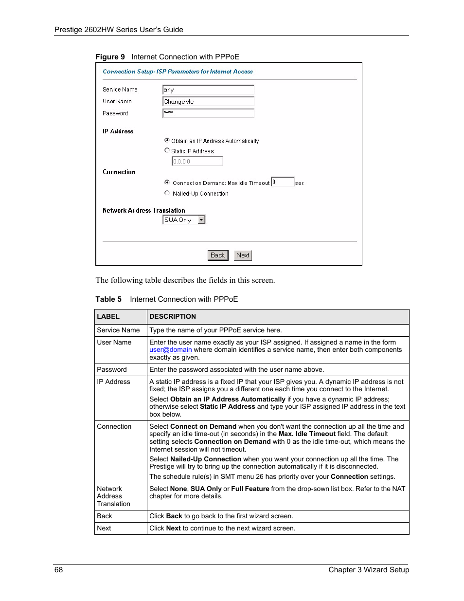 Figure 9 internet connection with pppoe, Table 5 internet connection with pppoe | ZyXEL Communications ADSL VoIP IAD with 802.11g Wireless 2602HW Series User Manual | Page 68 / 519