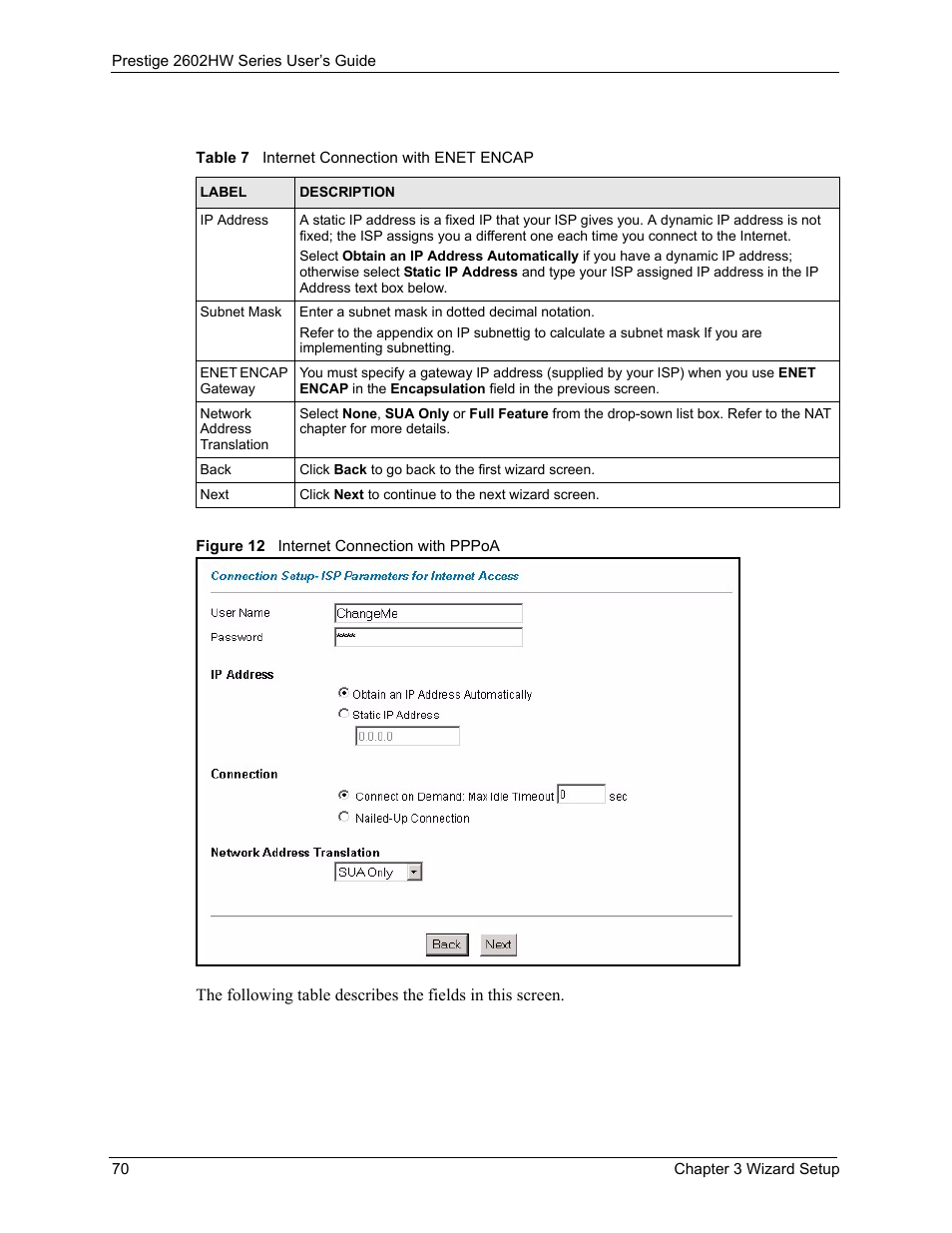 Figure 12 internet connection with pppoa, Table 7 internet connection with enet encap | ZyXEL Communications ADSL VoIP IAD with 802.11g Wireless 2602HW Series User Manual | Page 70 / 519
