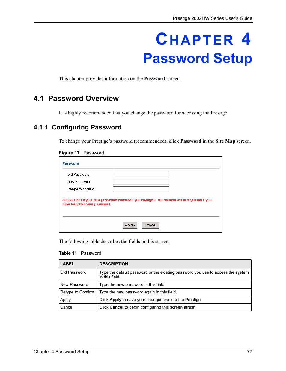 Password setup, 1 password overview, 1 configuring password | Chapter 4 password setup, Figure 17 password, Table 11 password | ZyXEL Communications ADSL VoIP IAD with 802.11g Wireless 2602HW Series User Manual | Page 77 / 519