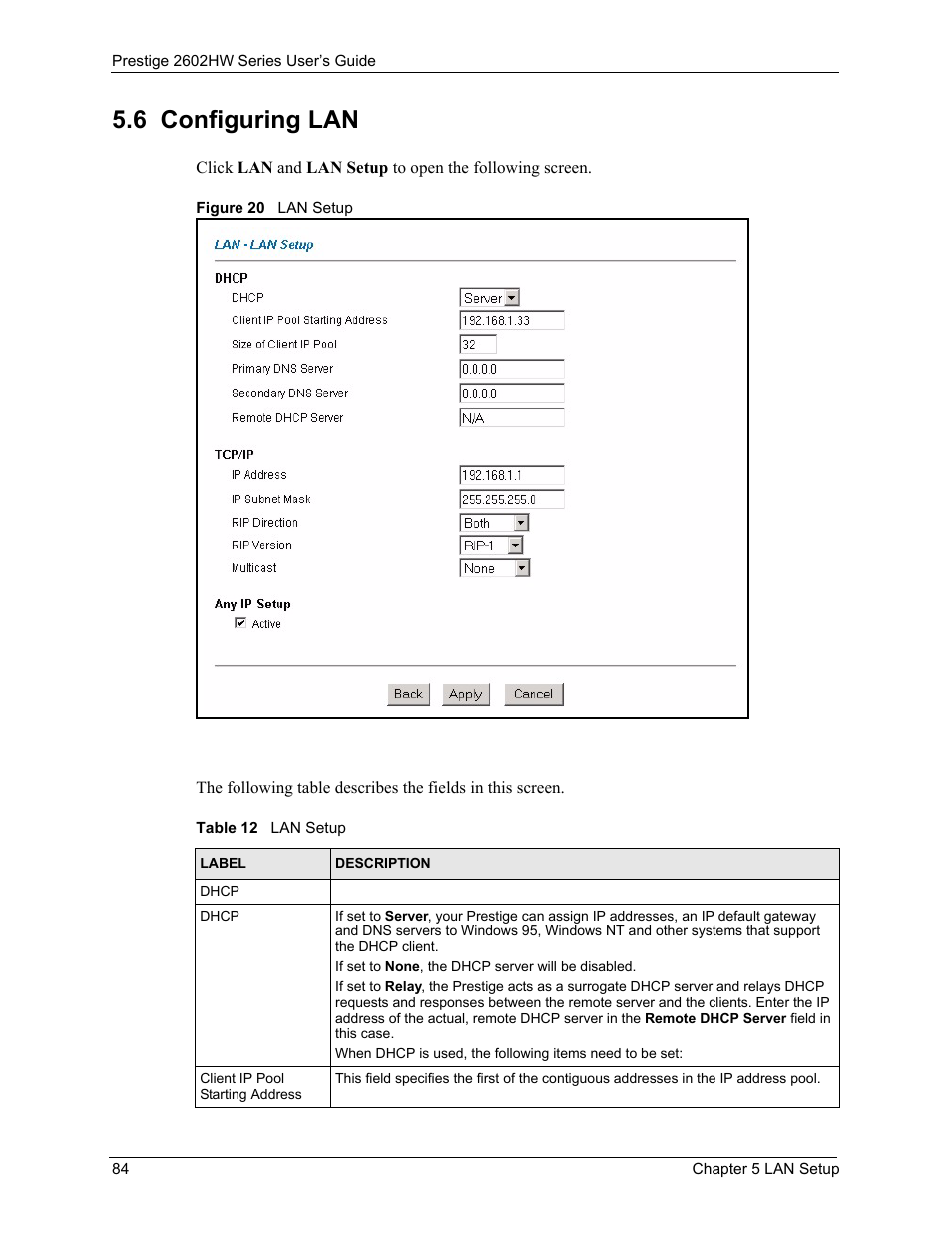 6 configuring lan, Figure 20 lan setup, Table 12 lan setup | ZyXEL Communications ADSL VoIP IAD with 802.11g Wireless 2602HW Series User Manual | Page 84 / 519