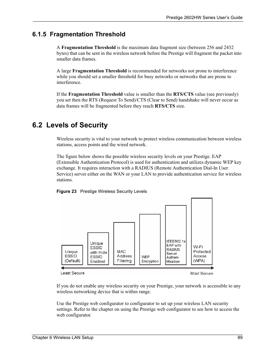 5 fragmentation threshold, 2 levels of security, Figure 23 prestige wireless security levels | ZyXEL Communications ADSL VoIP IAD with 802.11g Wireless 2602HW Series User Manual | Page 89 / 519