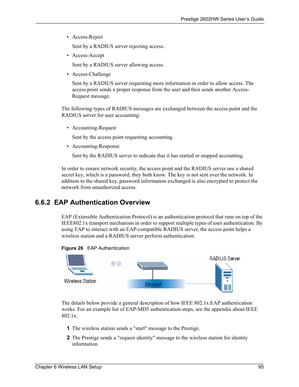 2 eap authentication overview, Figure 26 eap authentication | ZyXEL Communications ADSL VoIP IAD with 802.11g Wireless 2602HW Series User Manual | Page 95 / 519