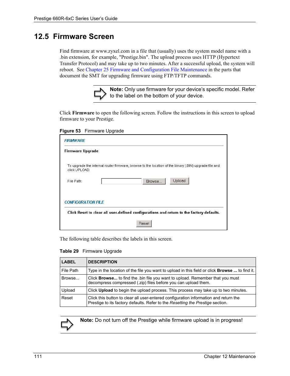 5 firmware screen, Figure 53 firmware upgrade, Table 29 firmware upgrade | ZyXEL Communications ADSL/ADSL2/ADSL2+ Router 660R-6xC Series User Manual | Page 112 / 282