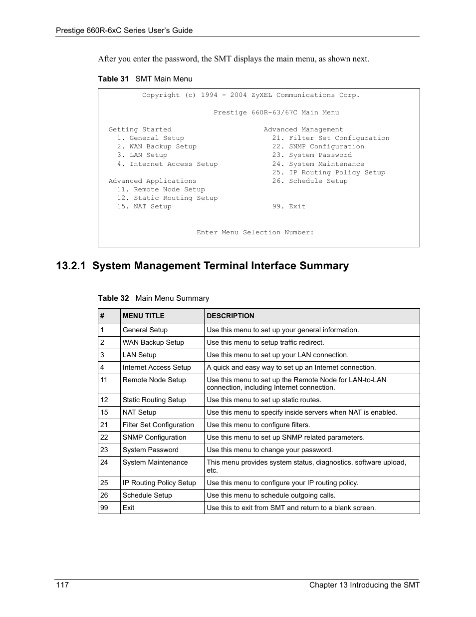 1 system management terminal interface summary, Table 31 smt main menu table 32 main menu summary | ZyXEL Communications ADSL/ADSL2/ADSL2+ Router 660R-6xC Series User Manual | Page 118 / 282