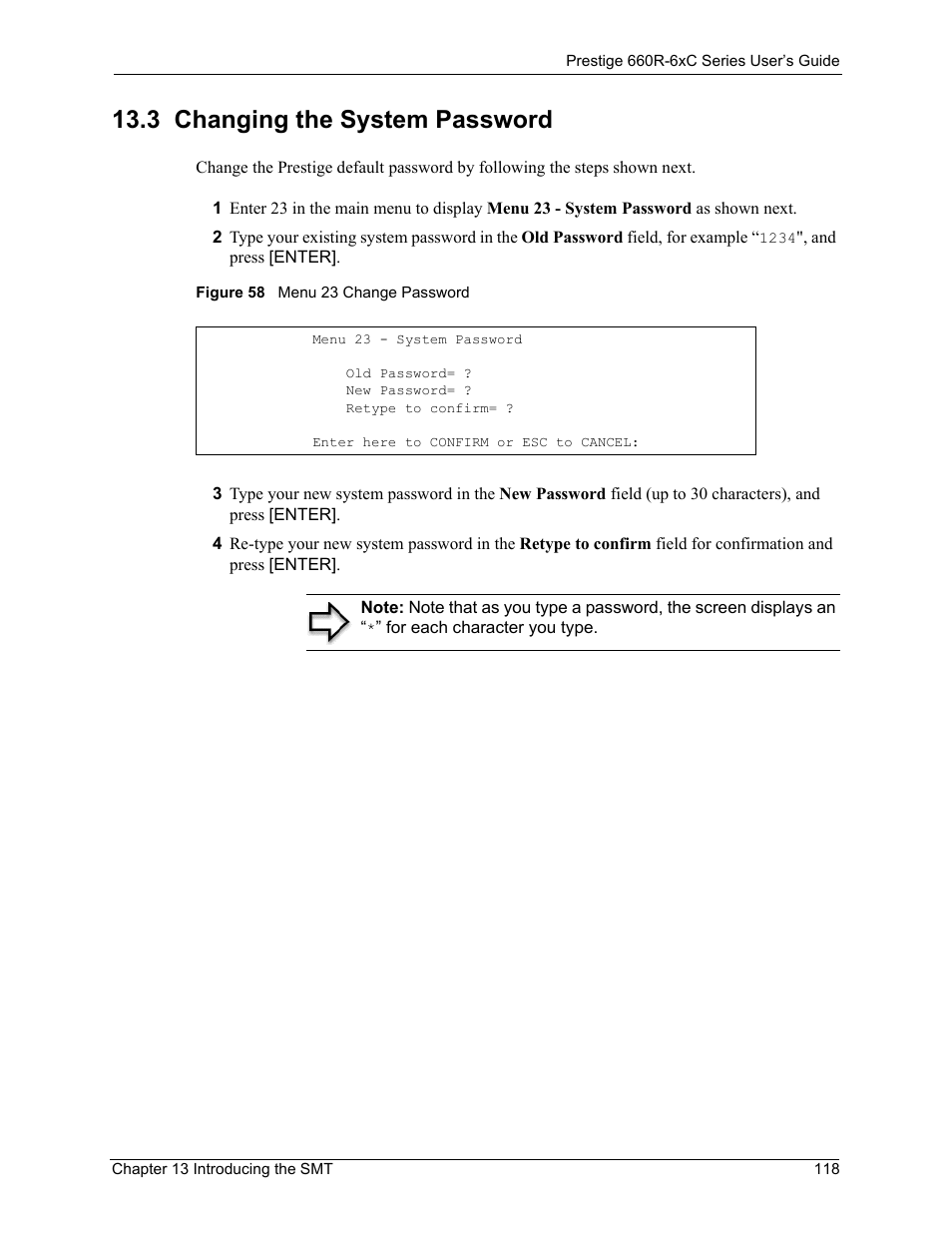 3 changing the system password, Figure 58 menu 23 change password | ZyXEL Communications ADSL/ADSL2/ADSL2+ Router 660R-6xC Series User Manual | Page 119 / 282