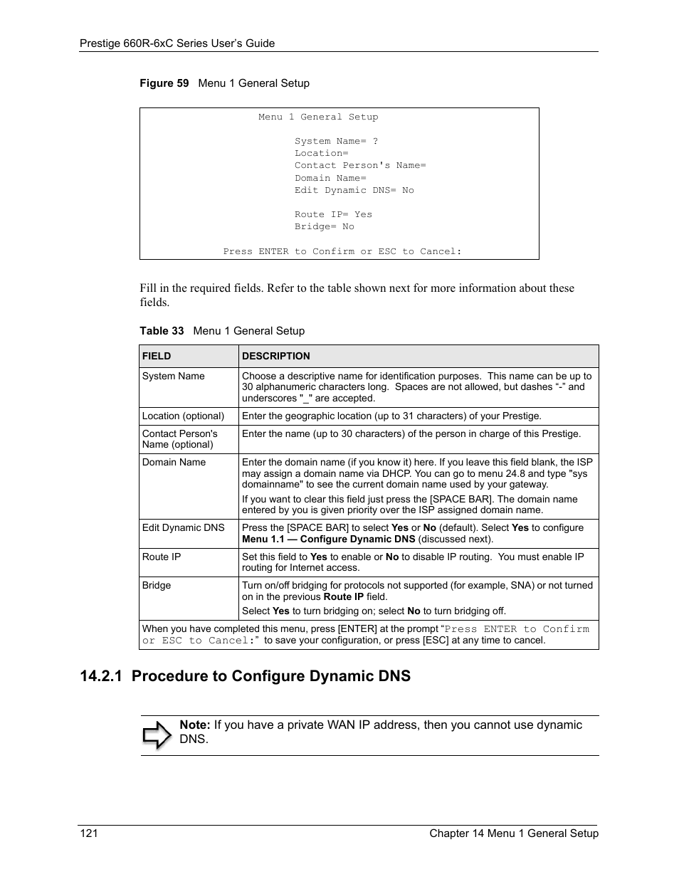 1 procedure to configure dynamic dns, Figure 59 menu 1 general setup, Table 33 menu 1 general setup | ZyXEL Communications ADSL/ADSL2/ADSL2+ Router 660R-6xC Series User Manual | Page 122 / 282