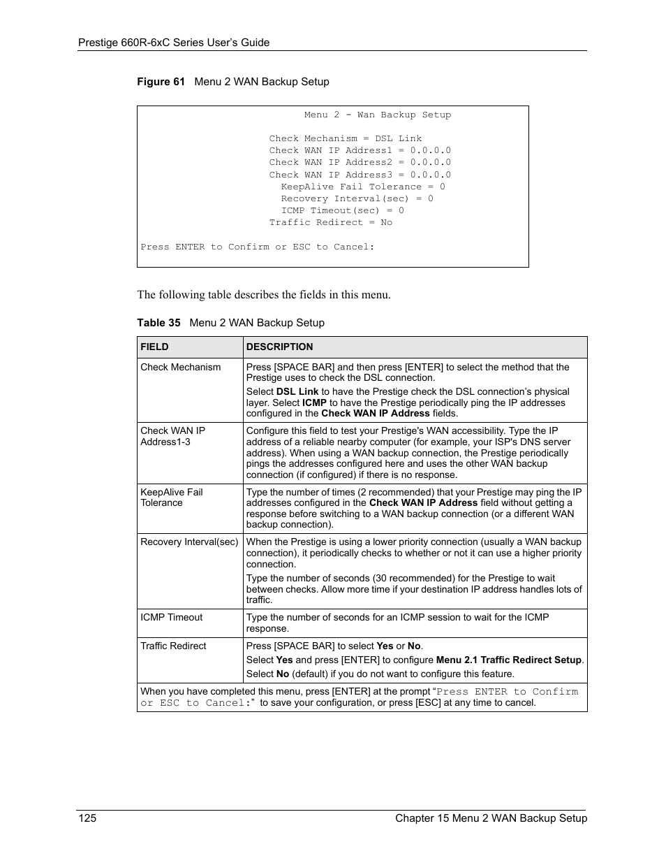 Figure 61 menu 2 wan backup setup, Table 35 menu 2 wan backup setup | ZyXEL Communications ADSL/ADSL2/ADSL2+ Router 660R-6xC Series User Manual | Page 126 / 282