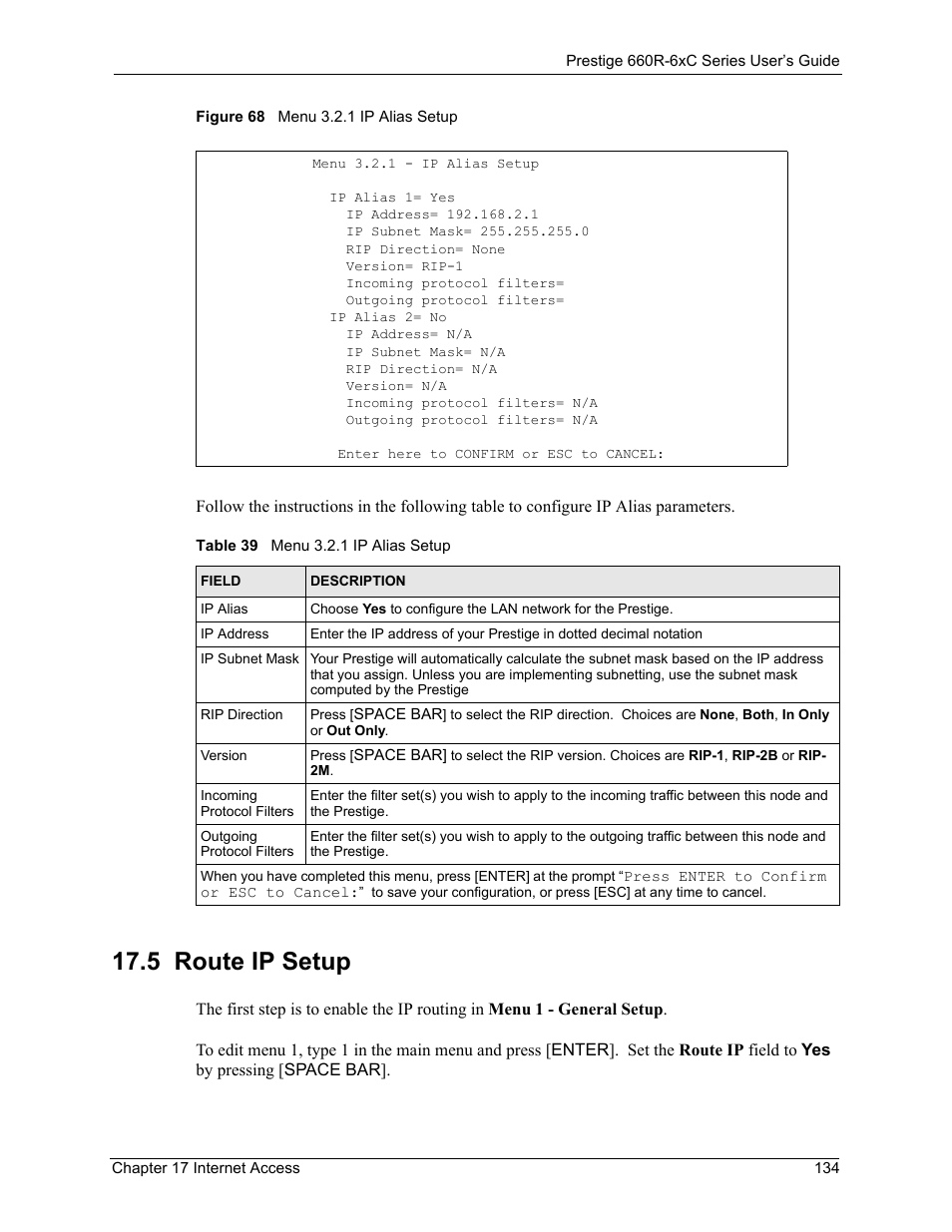 5 route ip setup, Figure 68 menu 3.2.1 ip alias setup, Table 39 menu 3.2.1 ip alias setup | ZyXEL Communications ADSL/ADSL2/ADSL2+ Router 660R-6xC Series User Manual | Page 135 / 282
