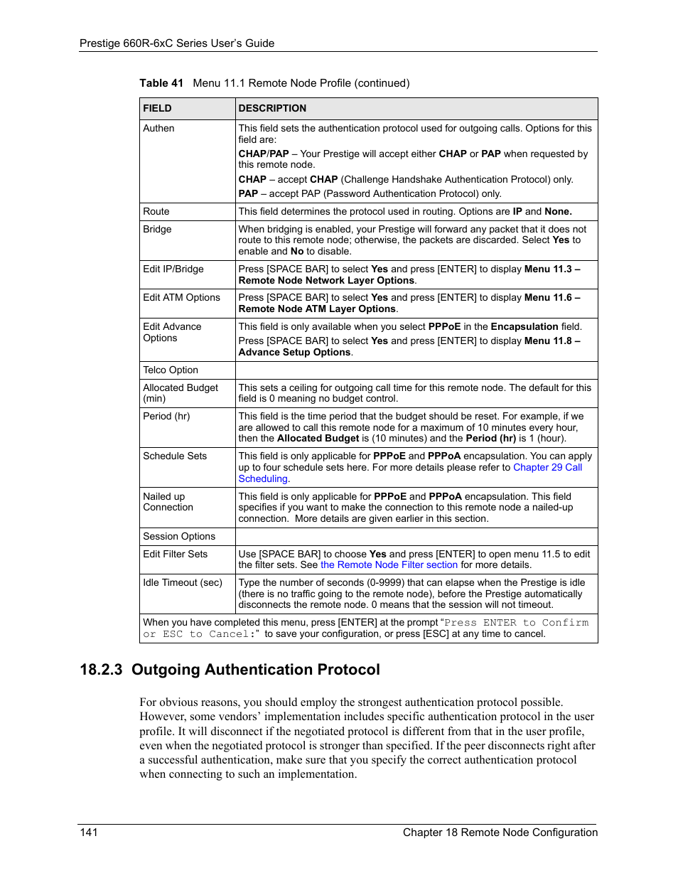 3 outgoing authentication protocol | ZyXEL Communications ADSL/ADSL2/ADSL2+ Router 660R-6xC Series User Manual | Page 142 / 282