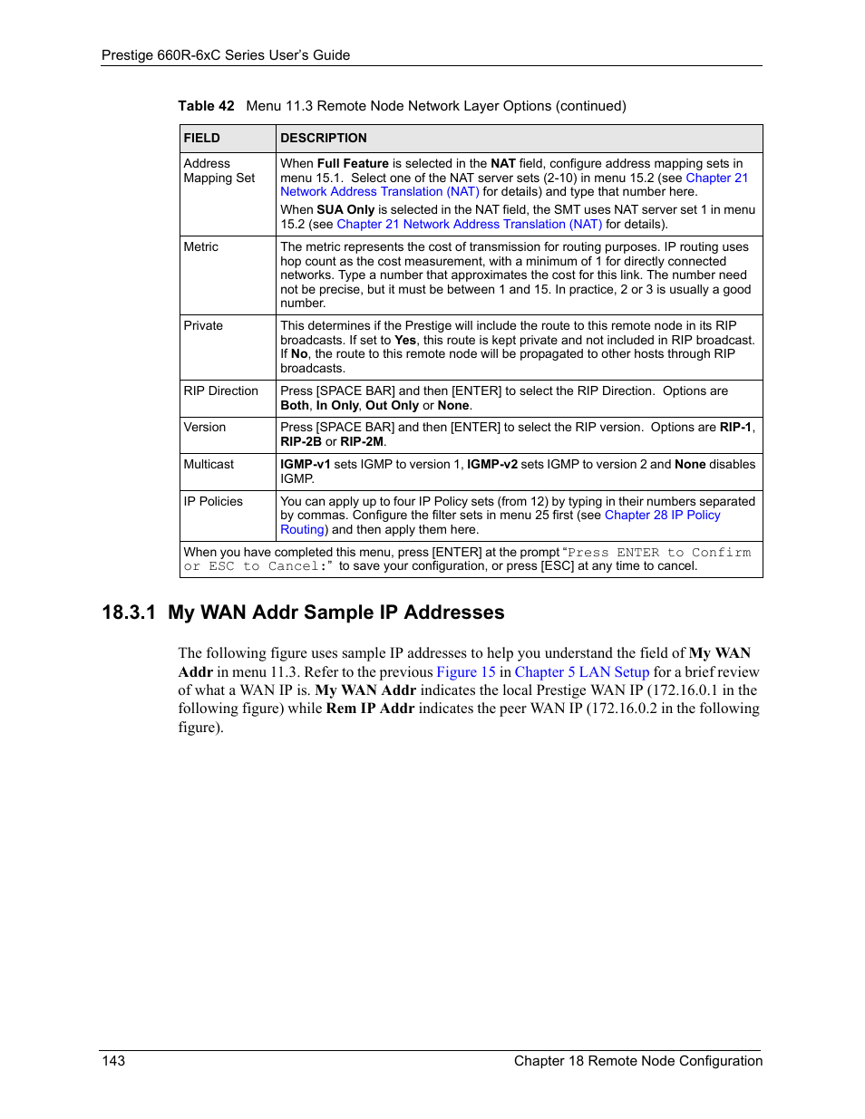 1 my wan addr sample ip addresses | ZyXEL Communications ADSL/ADSL2/ADSL2+ Router 660R-6xC Series User Manual | Page 144 / 282