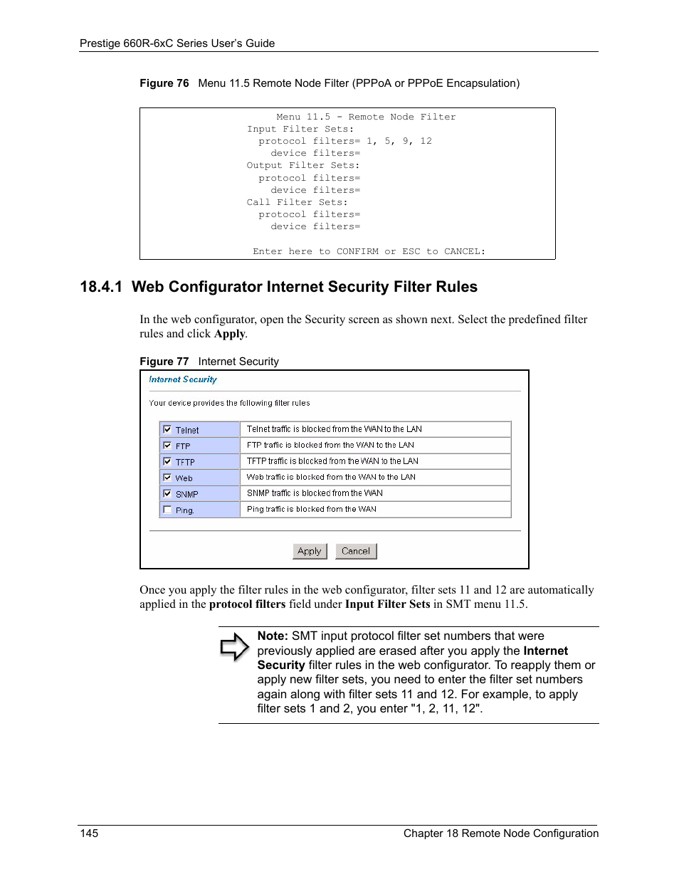 1 web configurator internet security filter rules | ZyXEL Communications ADSL/ADSL2/ADSL2+ Router 660R-6xC Series User Manual | Page 146 / 282