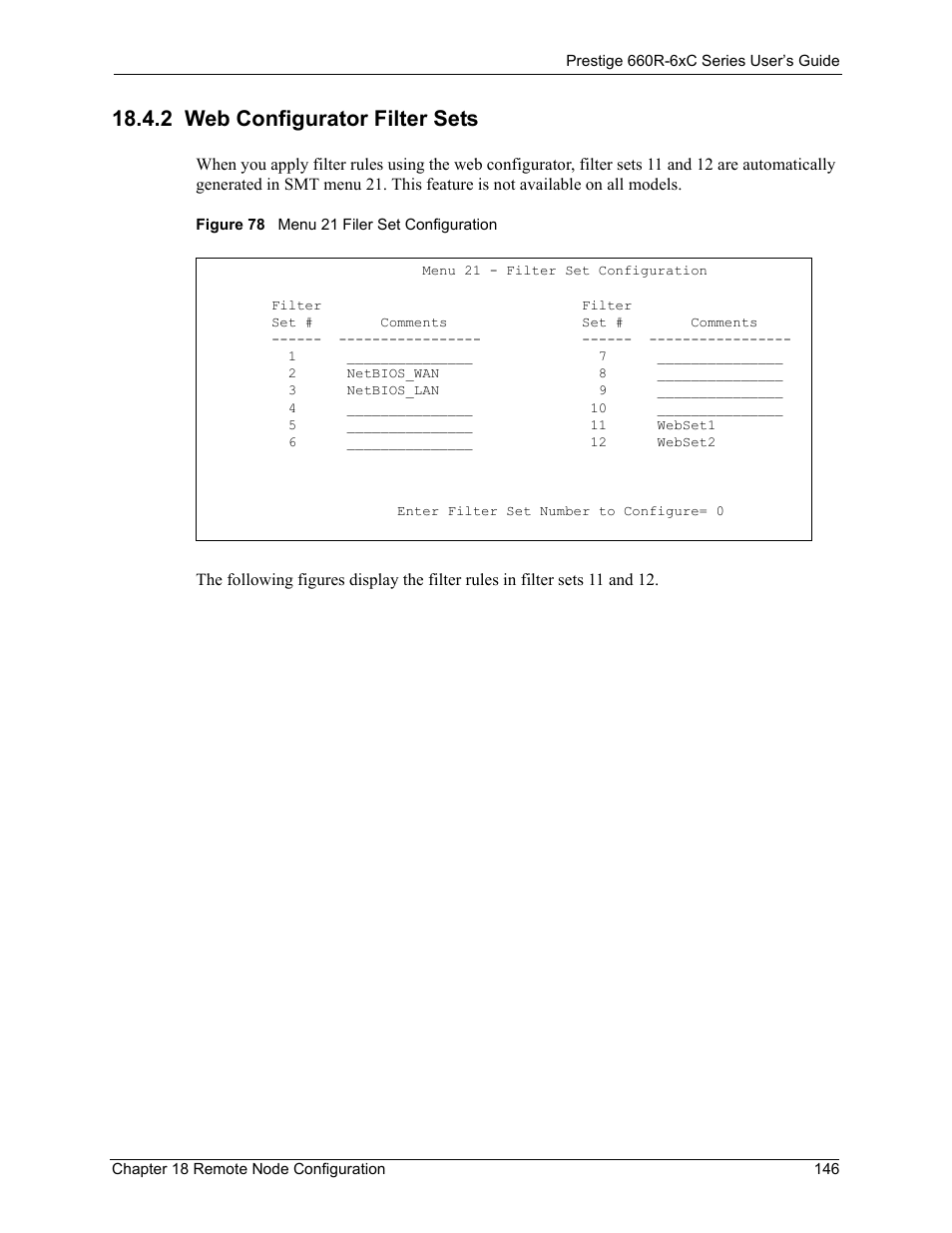 2 web configurator filter sets, Figure 78 menu 21 filer set configuration | ZyXEL Communications ADSL/ADSL2/ADSL2+ Router 660R-6xC Series User Manual | Page 147 / 282