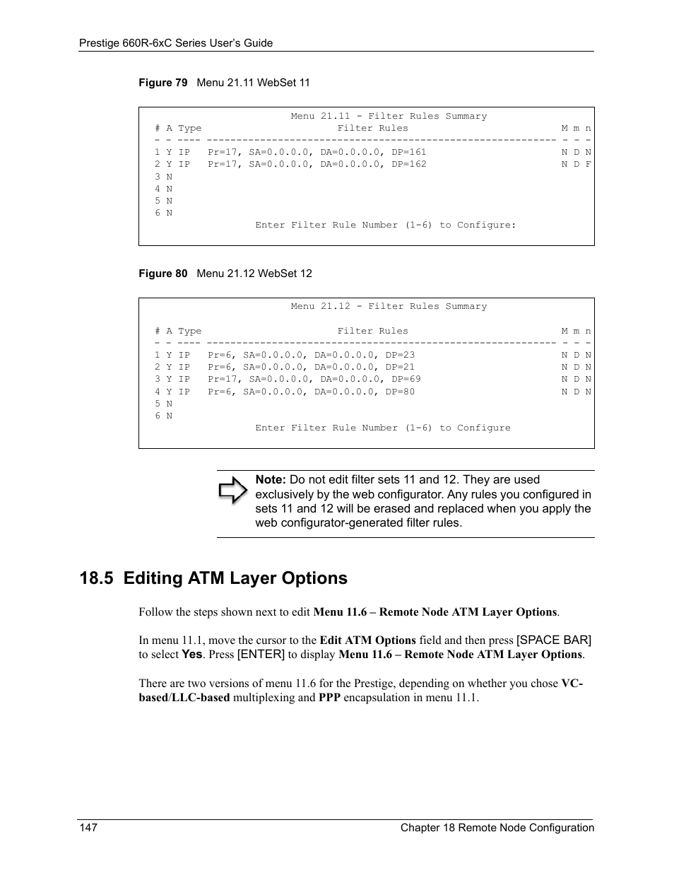5 editing atm layer options, Figure 79 menu 21.11 webset 11, Figure 80 menu 21.12 webset 12 | ZyXEL Communications ADSL/ADSL2/ADSL2+ Router 660R-6xC Series User Manual | Page 148 / 282