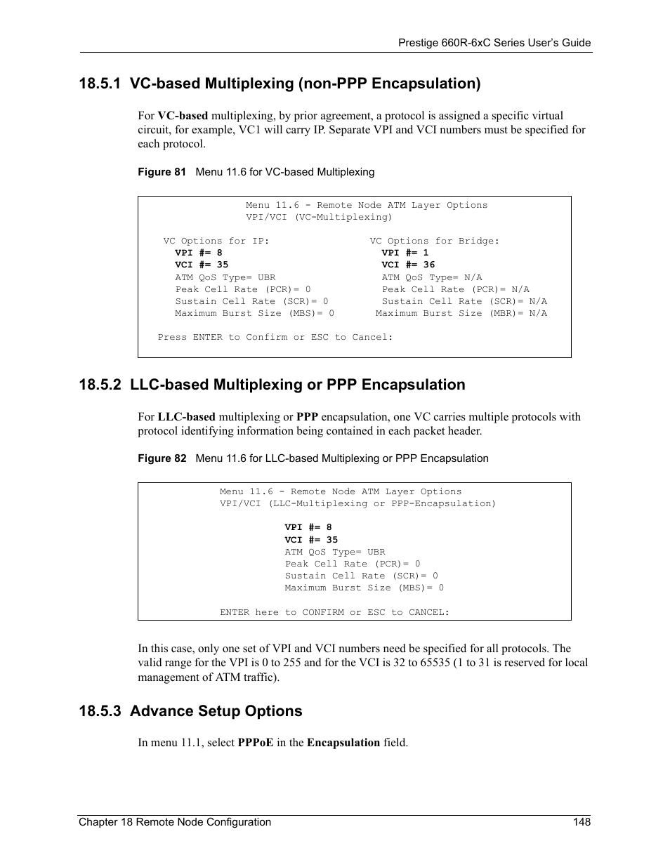 1 vc-based multiplexing (non-ppp encapsulation), 2 llc-based multiplexing or ppp encapsulation, 3 advance setup options | ZyXEL Communications ADSL/ADSL2/ADSL2+ Router 660R-6xC Series User Manual | Page 149 / 282