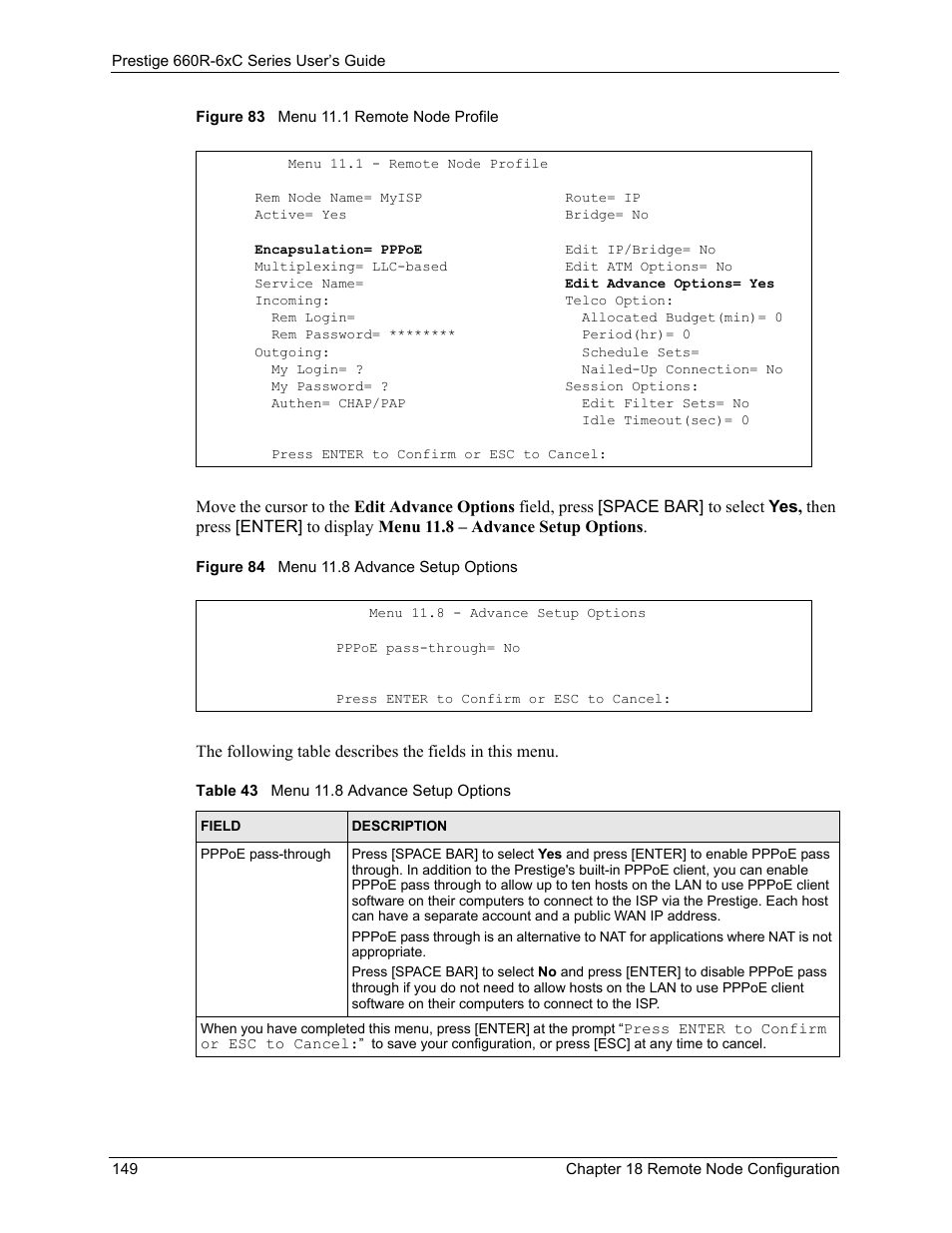 Table 43 menu 11.8 advance setup options | ZyXEL Communications ADSL/ADSL2/ADSL2+ Router 660R-6xC Series User Manual | Page 150 / 282