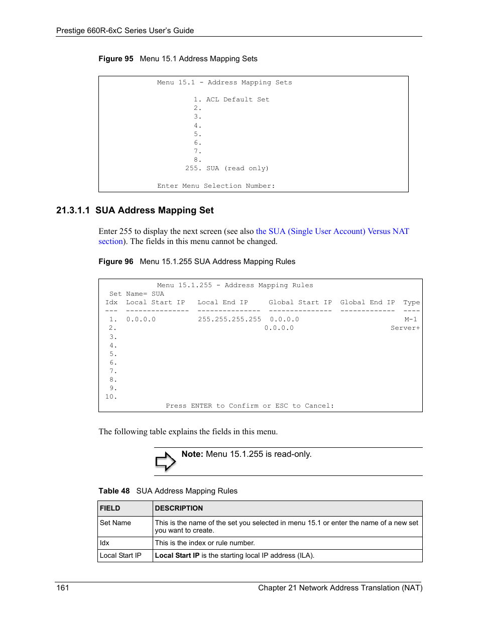 1 sua address mapping set, Table 48 sua address mapping rules | ZyXEL Communications ADSL/ADSL2/ADSL2+ Router 660R-6xC Series User Manual | Page 162 / 282