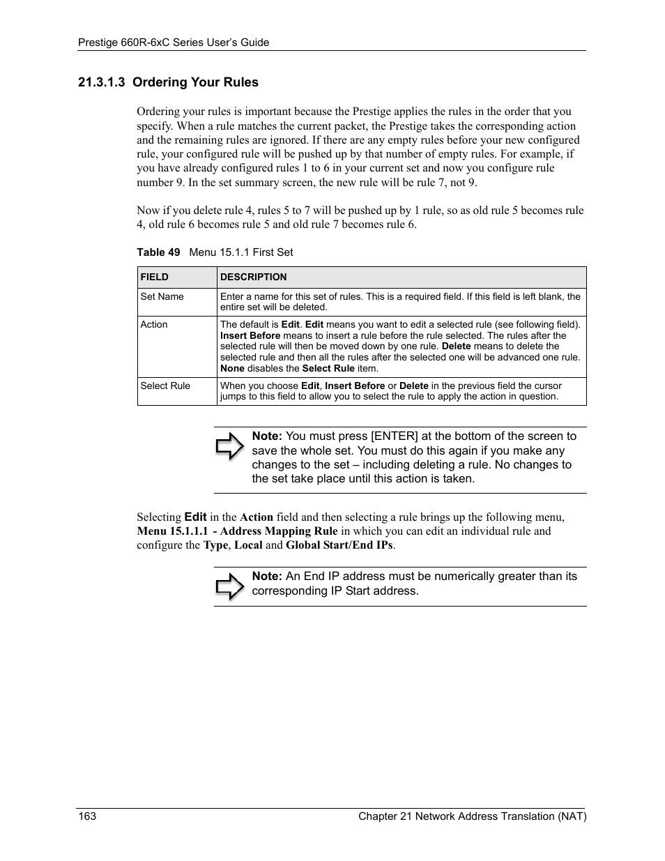 3 ordering your rules, Table 49 menu 15.1.1 first set | ZyXEL Communications ADSL/ADSL2/ADSL2+ Router 660R-6xC Series User Manual | Page 164 / 282