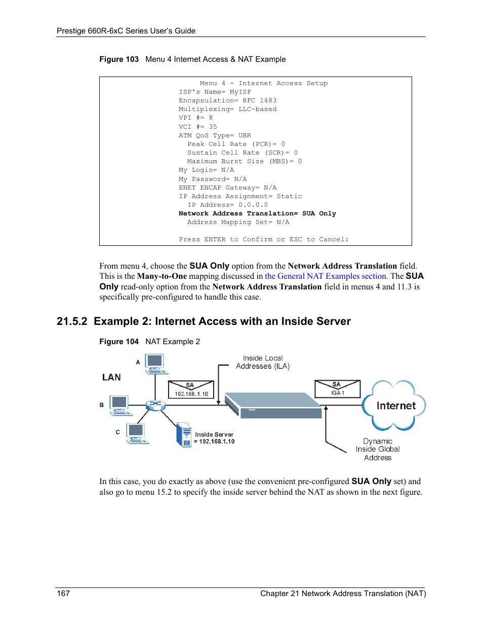 2 example 2: internet access with an inside server | ZyXEL Communications ADSL/ADSL2/ADSL2+ Router 660R-6xC Series User Manual | Page 168 / 282